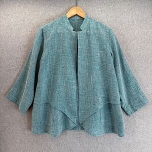 Signature Collection by Fridaze Linen Blend Open Front Jacket Topper Teal Blue M